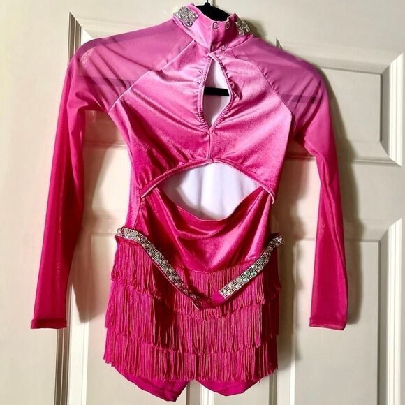 Weissman Pink Velvet Rhinestone Fringe Jazz Dance Costume Girls Medium Child - Picture 4 of 11